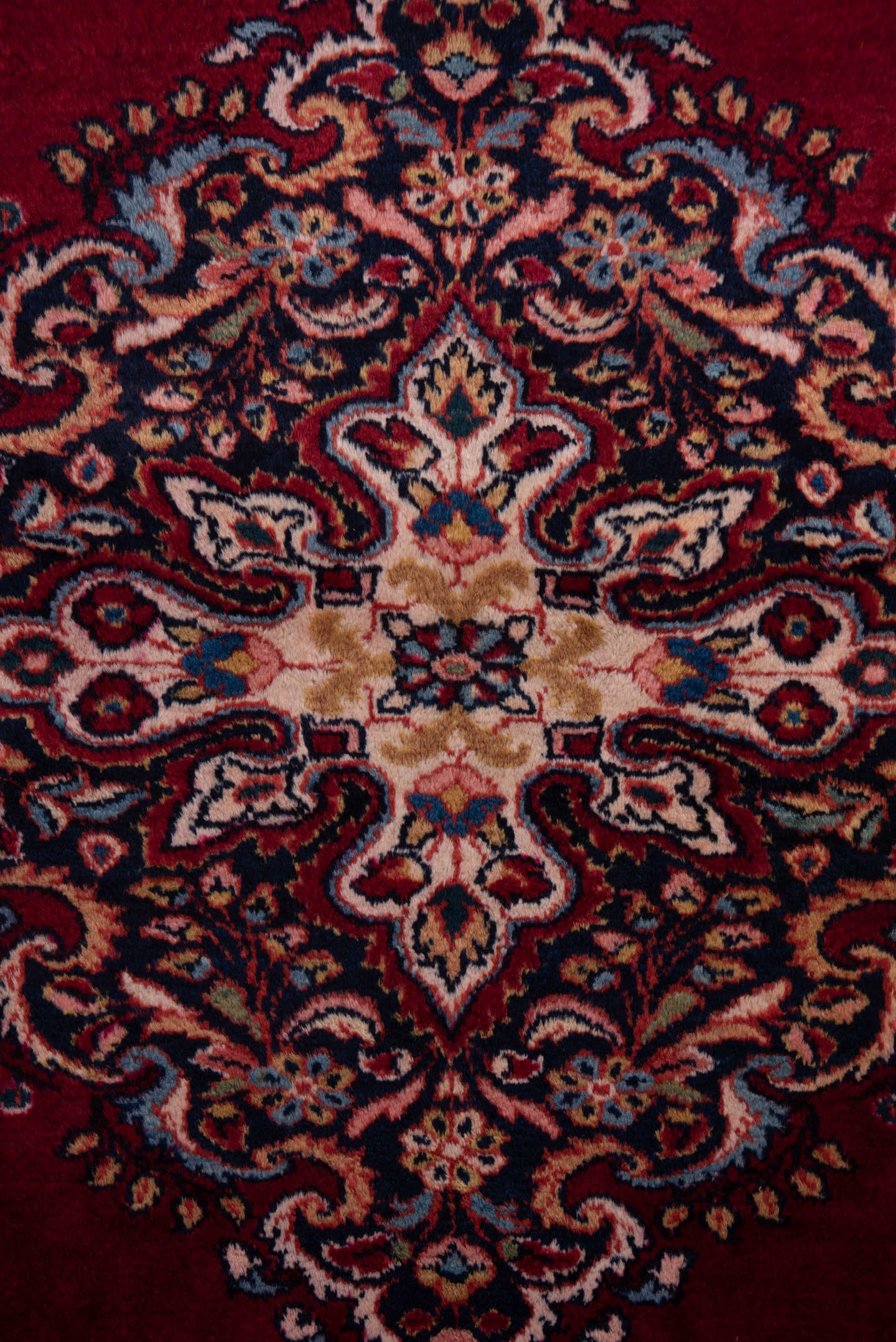 5' x 6' one-of-a-kind handmade vintage Lilian rug. Color palette: crimson, navy, ivory, rose, camel, sky_blue, burgundy, red