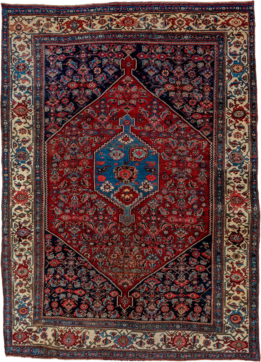 7' x 10' one-of-a-kind handmade antique Bidjar large size rug. Color palette: red, navy, ivory, sky blue, rust, camel