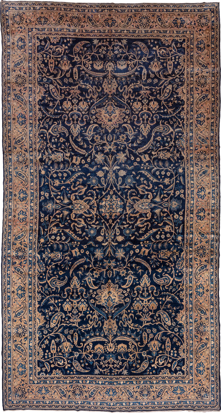 9' x 18' one-of-a-kind handmade antique Kerman rug. Color palette: navy, camel, ivory, slate, taupe, powder_blue, blue