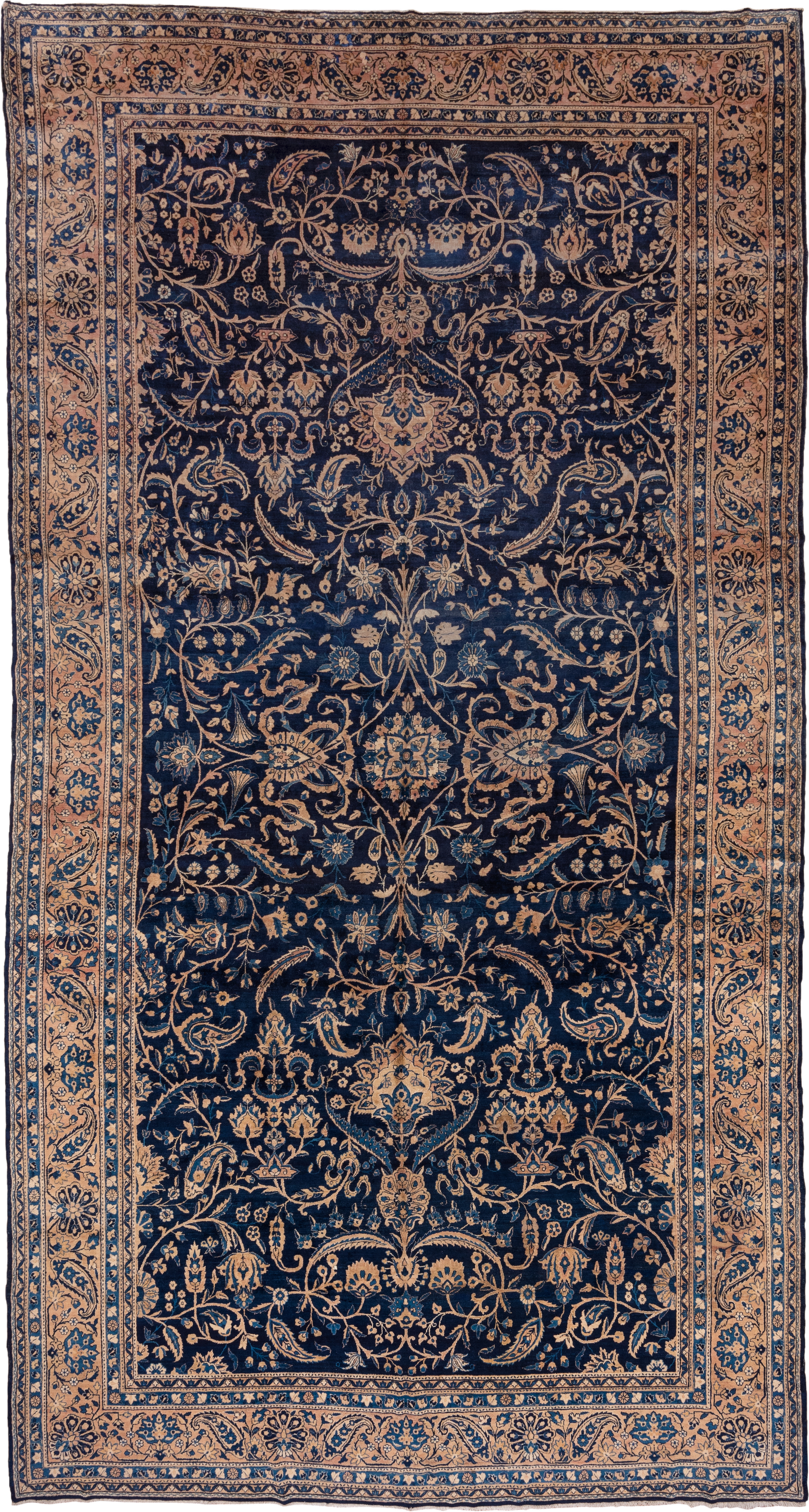 9' x 18' one-of-a-kind handmade antique Kerman rug. Color palette: navy, camel, ivory, slate, taupe, powder_blue, blue