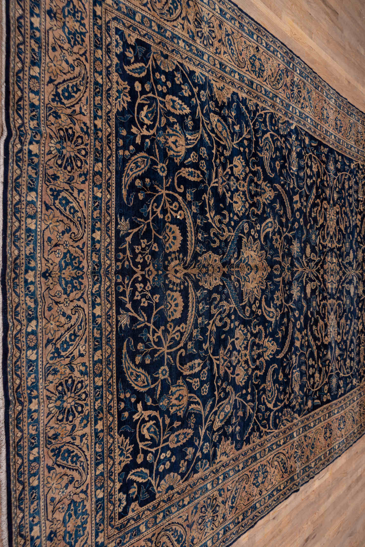 9' x 18' one-of-a-kind handmade antique Kerman rug. Color palette: navy, camel, ivory, slate, taupe, powder_blue, blue