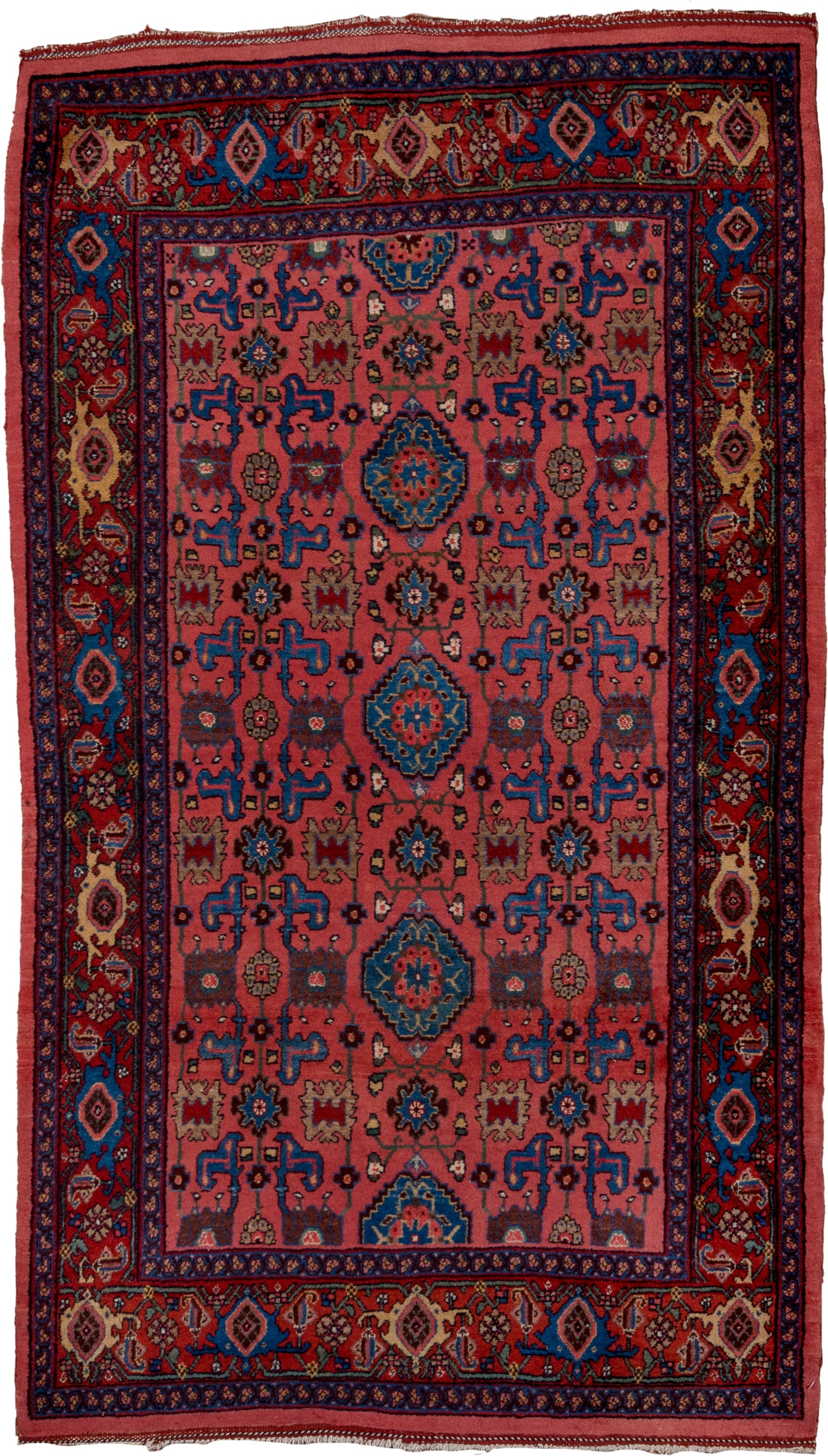 4' x 7' one-of-a-kind handmade antique Bidjar rug. Color palette: rose, crimson, cobalt, navy, ivory, burgundy, camel, pink