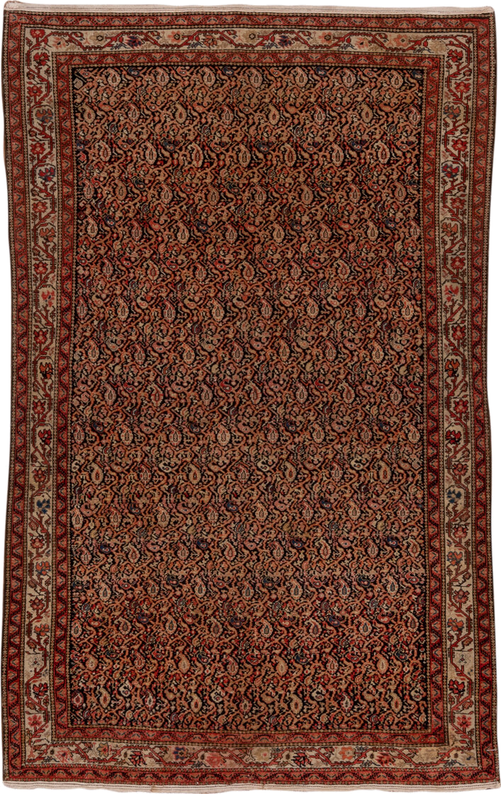 4' x 6' one-of-a-kind handmade antique Malayer small size rug. Color palette: rust, ivory, navy, terracotta, charcoal, brick