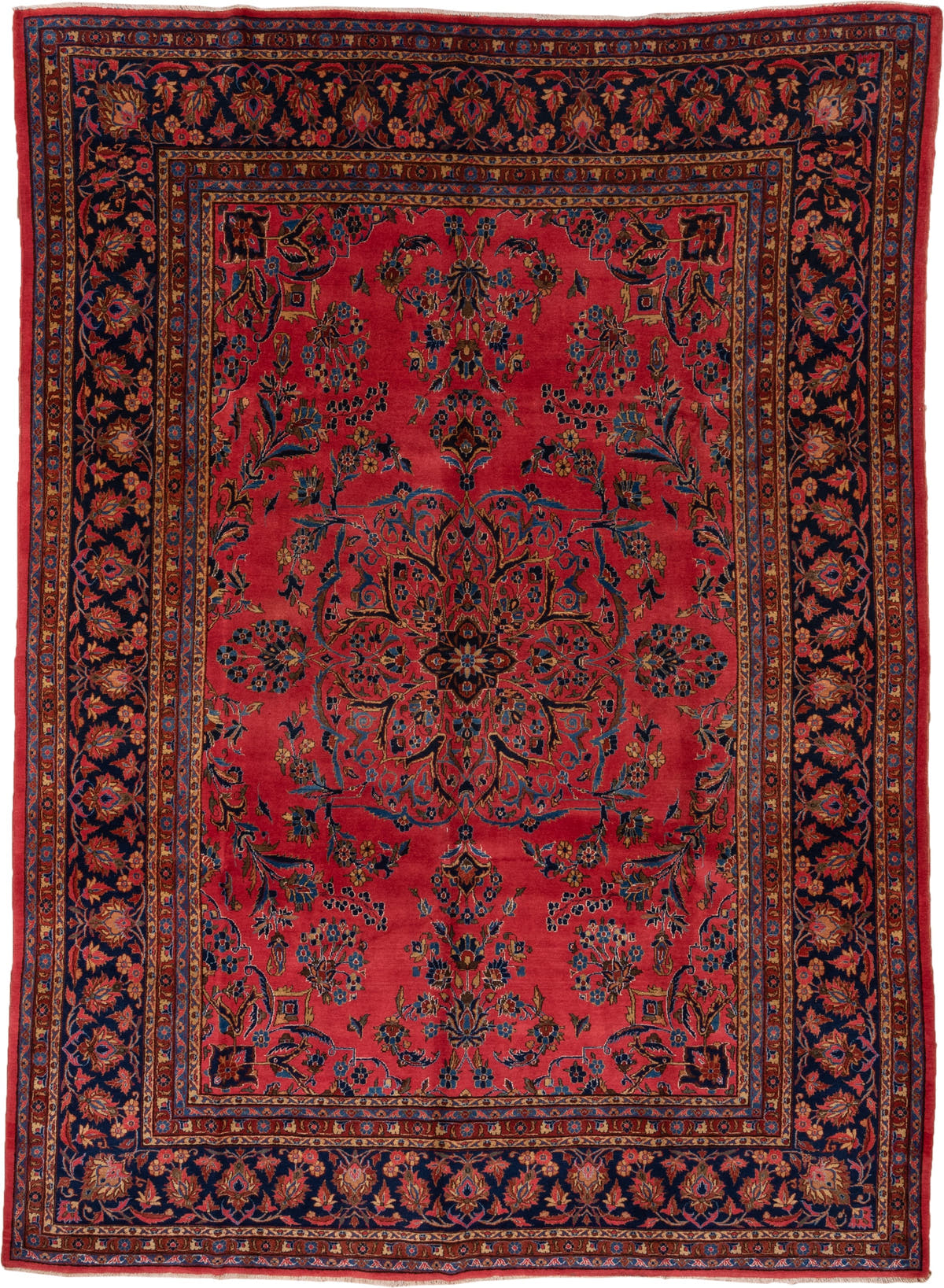 8' x 12' one-of-a-kind handmade antique Kashan large size rug. Color palette: rose, navy, rust, ivory, gold, sky_blue