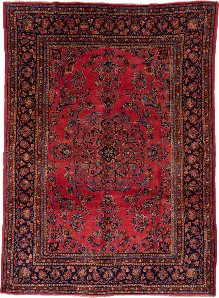 8' x 12' one-of-a-kind handmade antique Kashan large size rug. Color palette: rose, navy, rust, ivory, gold, sky_blue