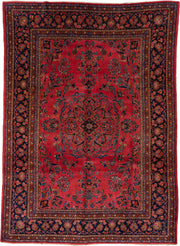 8' x 12' one-of-a-kind handmade antique Kashan large size rug. Color palette: rose, navy, rust, ivory, gold, sky_blue