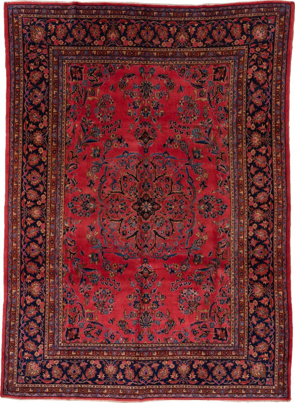 8' x 12' one-of-a-kind handmade vintage Kashan large size rug. Color palette: blue, brown, gray, pink, red