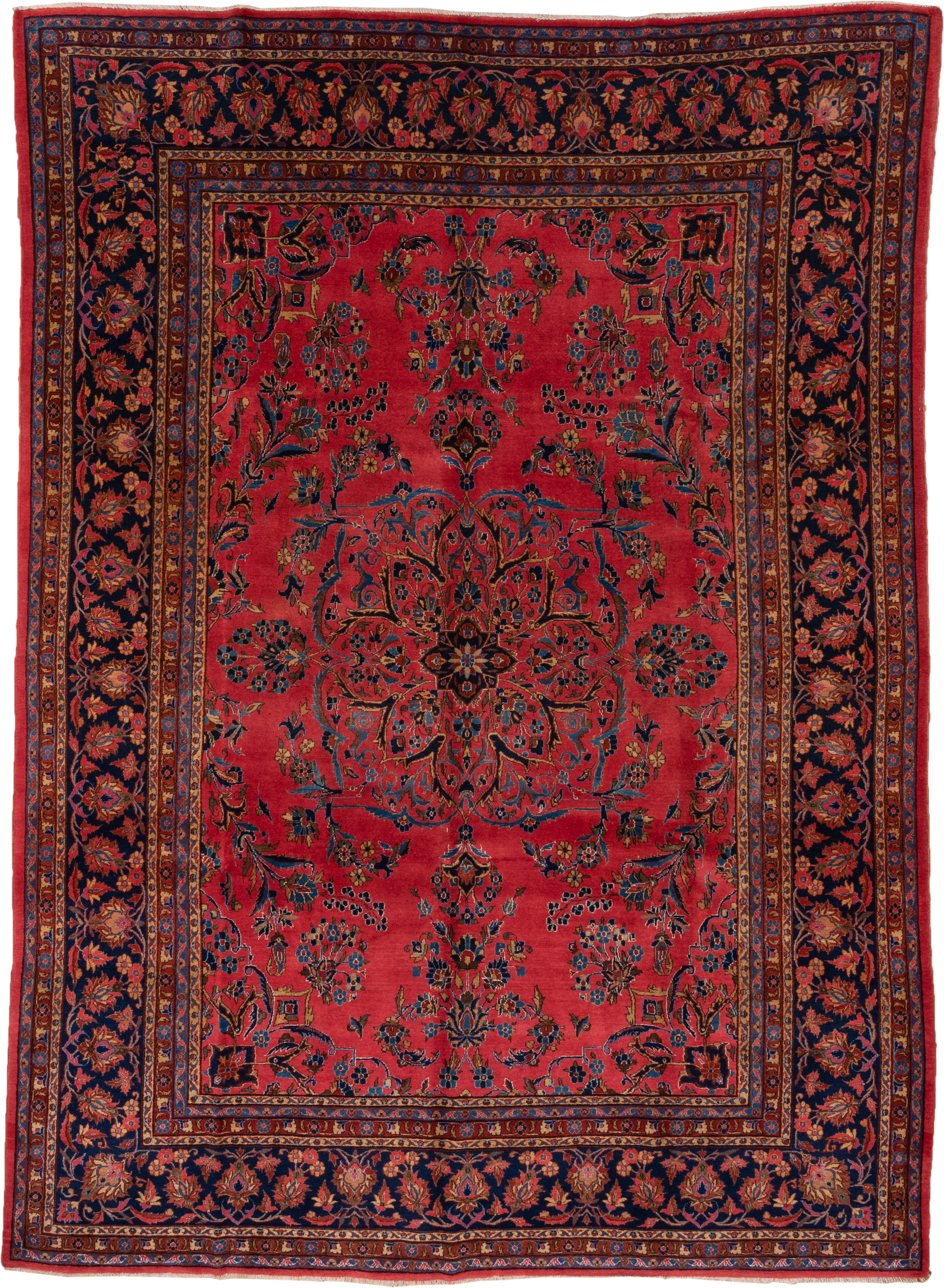 8' x 12' one-of-a-kind handmade antique Kashan large size rug. Color palette: rose, navy, rust, ivory, gold, sky_blue