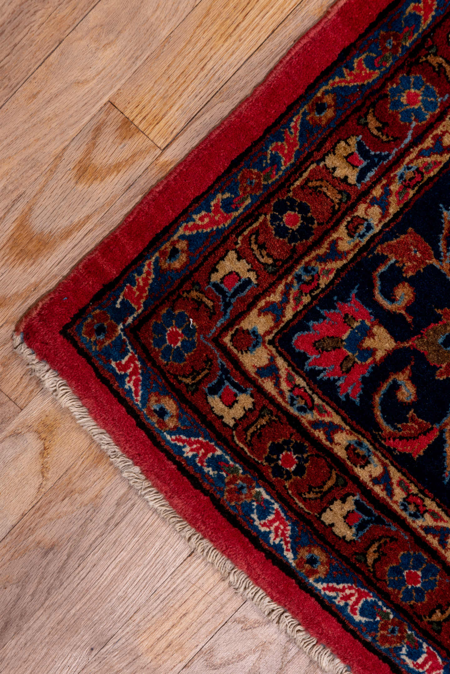 8' x 12' one-of-a-kind handmade antique Kashan large size rug. Color palette: rose, navy, rust, ivory, gold, sky_blue