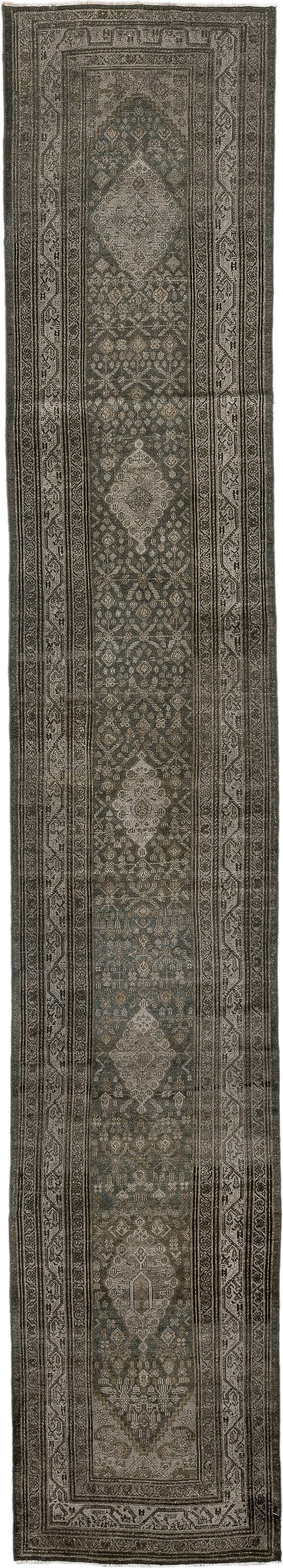 3' x 16' one-of-a-kind handmade antique Malayer runner rug. Color palette: taupe, charcoal, slate, ivory, camel, olive