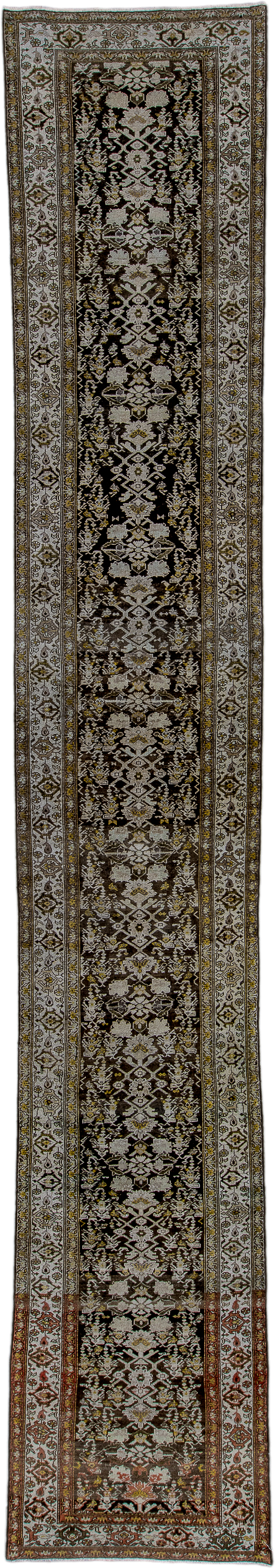 2' x 16' one-of-a-kind handmade antique Malayer runner rug. Color palette: ivory, charcoal, taupe, rust, sage, camel, rose