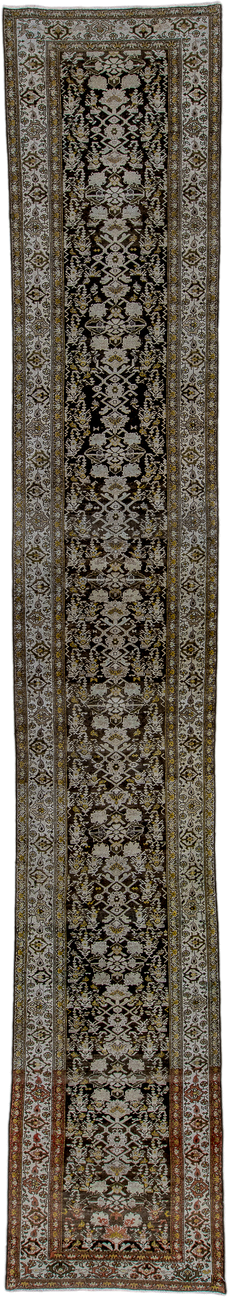 2' x 16' one-of-a-kind handmade antique Malayer runner rug. Color palette: ivory, charcoal, taupe, rust, sage, camel, rose