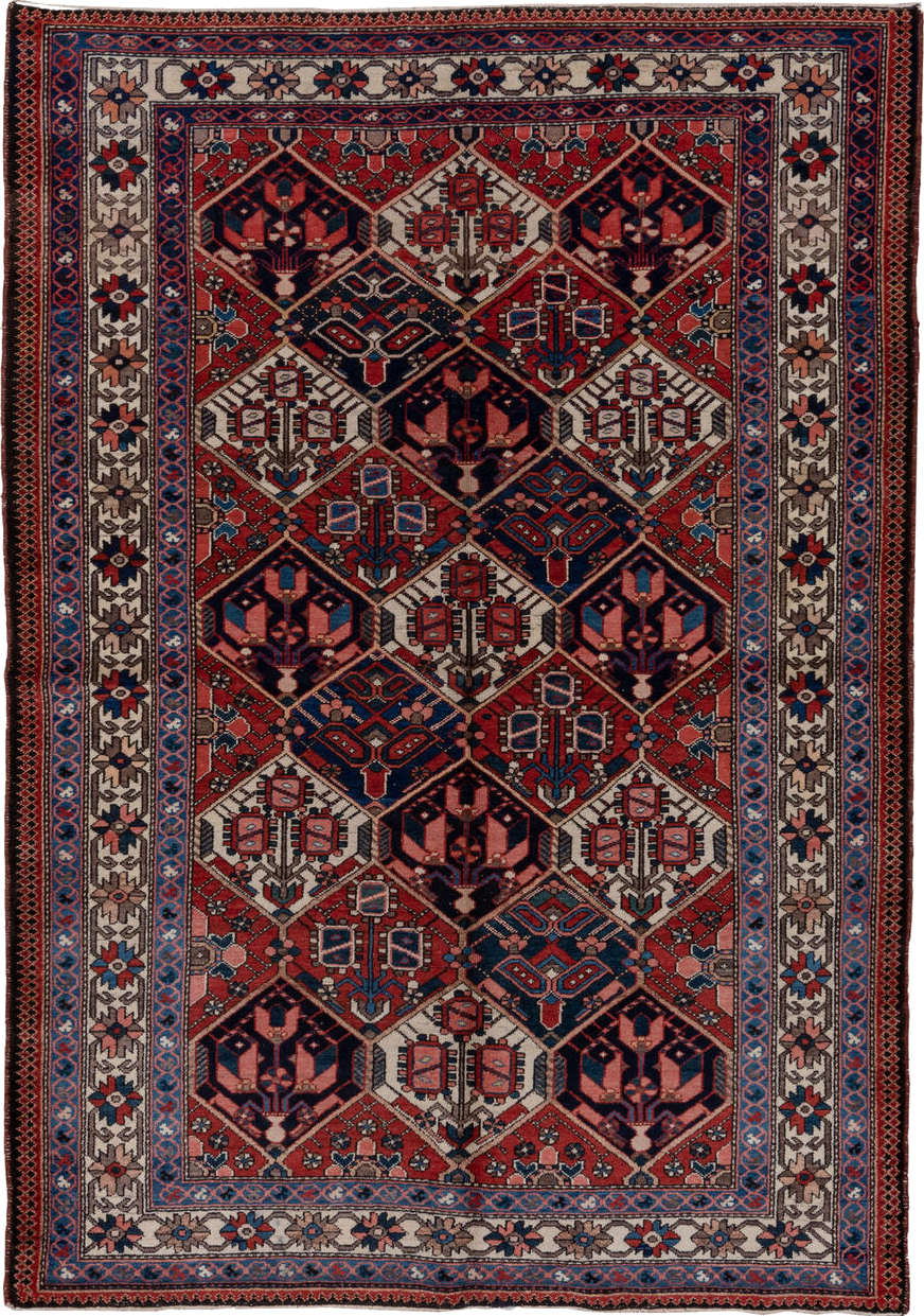 5' x 7' one-of-a-kind handmade vintage Baktiary rug. Color palette: black, blue, brown, charcoal, fiord, gray, light gray