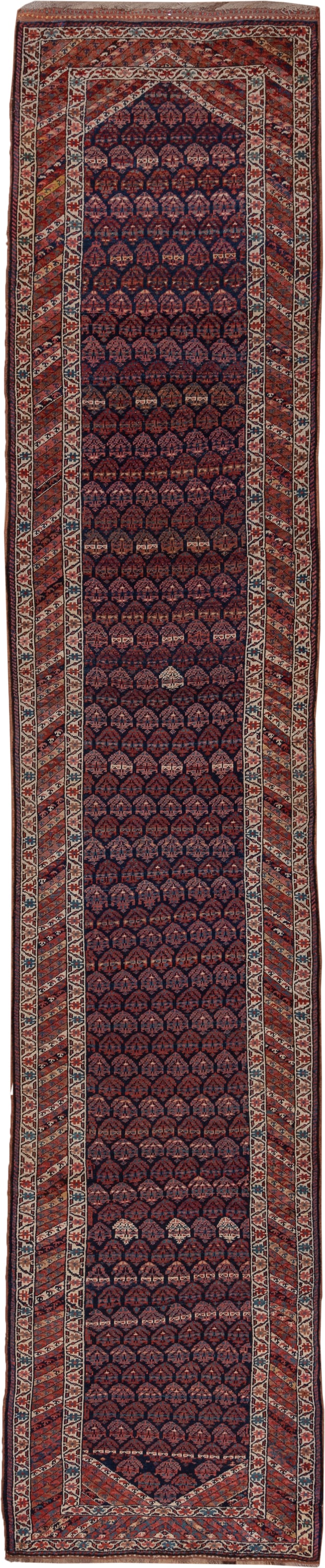 3' x 16' one-of-a-kind handmade antique Kurd runner rug. Color palette: navy, rust, ivory, brick, slate, camel, blue