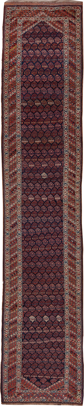 3' x 16' one-of-a-kind handmade antique Kurd runner rug. Color palette: navy, rust, ivory, brick, slate, camel, blue