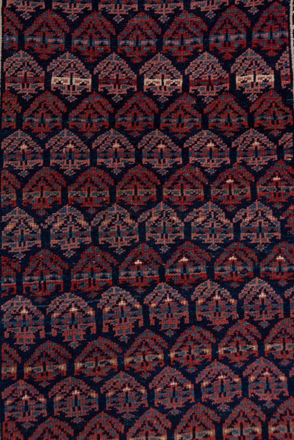 3' x 16' one-of-a-kind handmade antique Kurd runner rug. Color palette: navy, rust, ivory, brick, slate, camel, blue