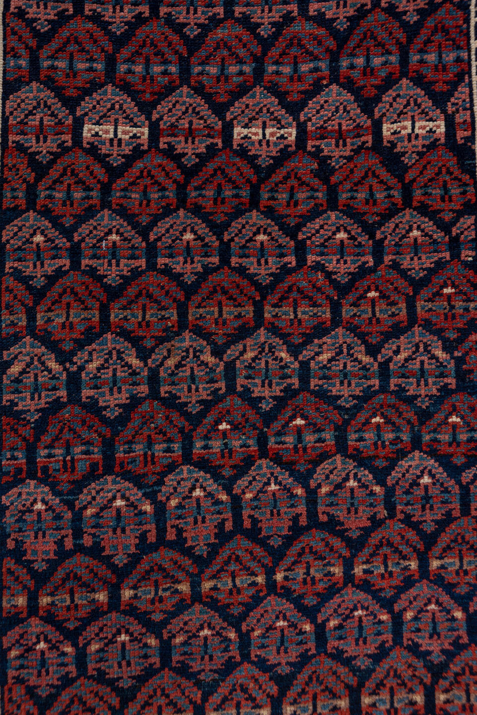 3' x 16' one-of-a-kind handmade antique Kurd runner rug. Color palette: navy, rust, ivory, brick, slate, camel, blue