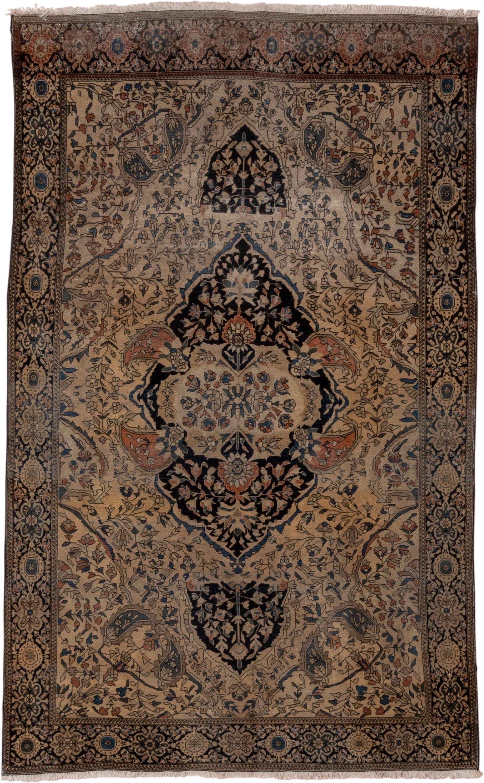 4' x 6' one-of-a-kind handmade antique Far.Sarouk small size rug. Color palette: ivory, navy, charcoal, taupe, rust, slate