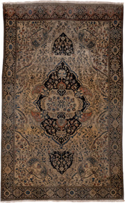 4' x 6' one-of-a-kind handmade antique Far.Sarouk small size rug. Color palette: ivory, navy, charcoal, taupe, rust, slate