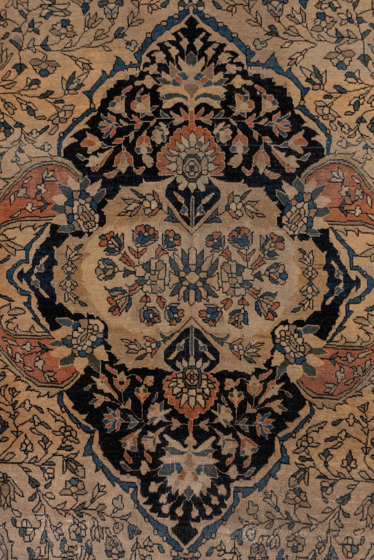 4' x 6' one-of-a-kind handmade antique Far.Sarouk small size rug. Color palette: ivory, navy, charcoal, taupe, rust, slate