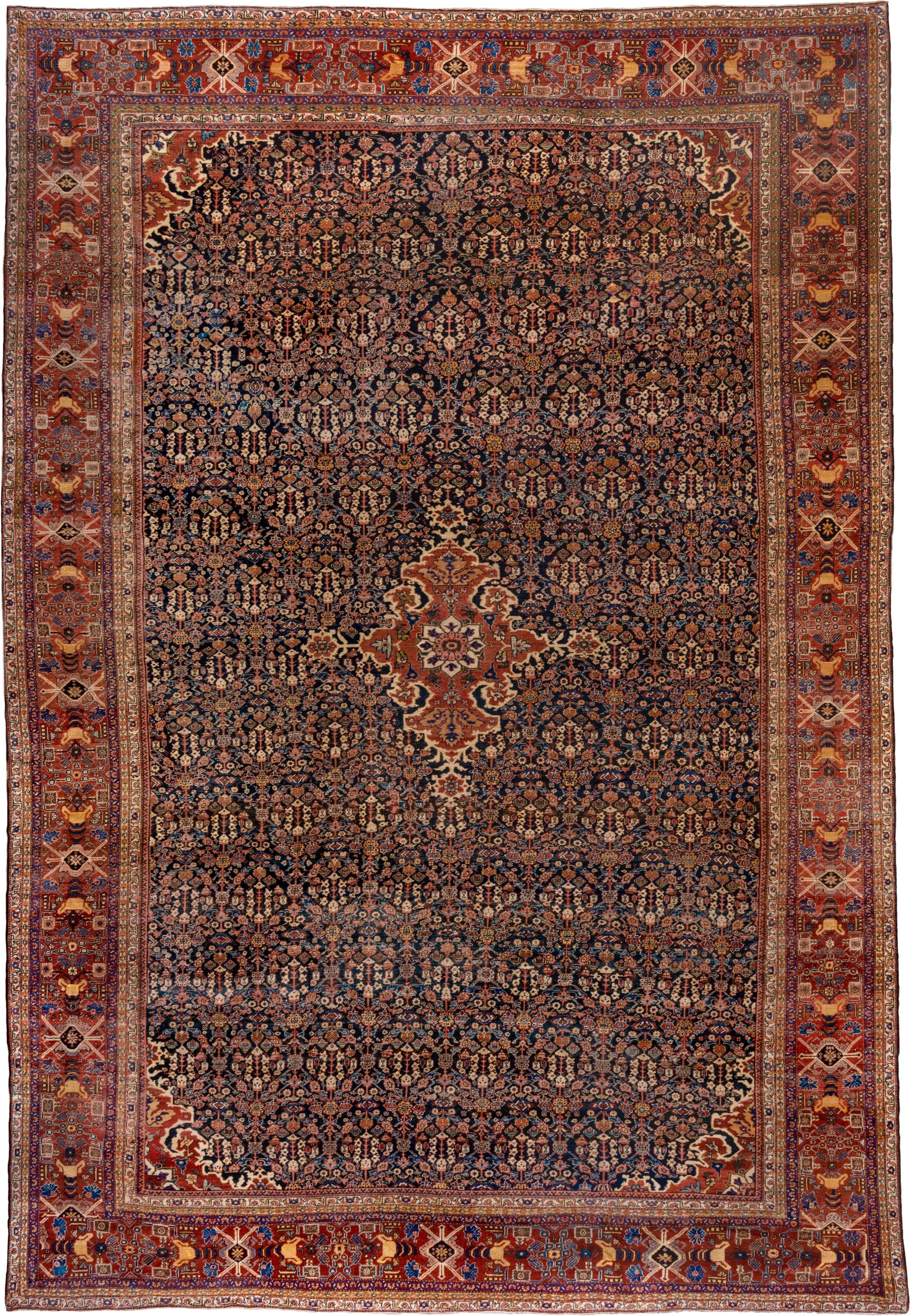 14' x 21' one-of-a-kind handmade antique Sultanabad oversize rug. Color palette: navy, rust, ivory, cobalt, camel