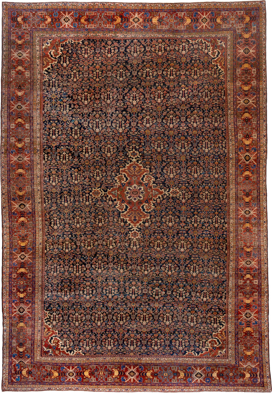 14' x 21' one-of-a-kind handmade antique Sultanabad oversize rug. Color palette: navy, rust, ivory, cobalt, camel