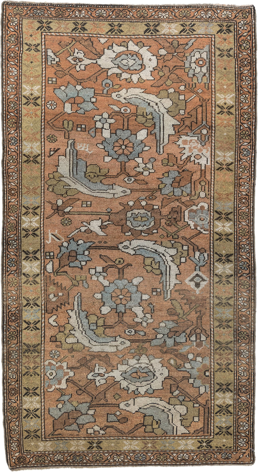 3' x 6' one-of-a-kind handmade antique Kurd rug. Color palette: terra cotta, ivory, sage, slate, camel, charcoal, taupe