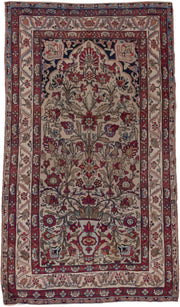 4' x 6' one-of-a-kind handmade antique Lavar small size rug. Color palette: ivory, brick red, navy, sky blue, camel, rose