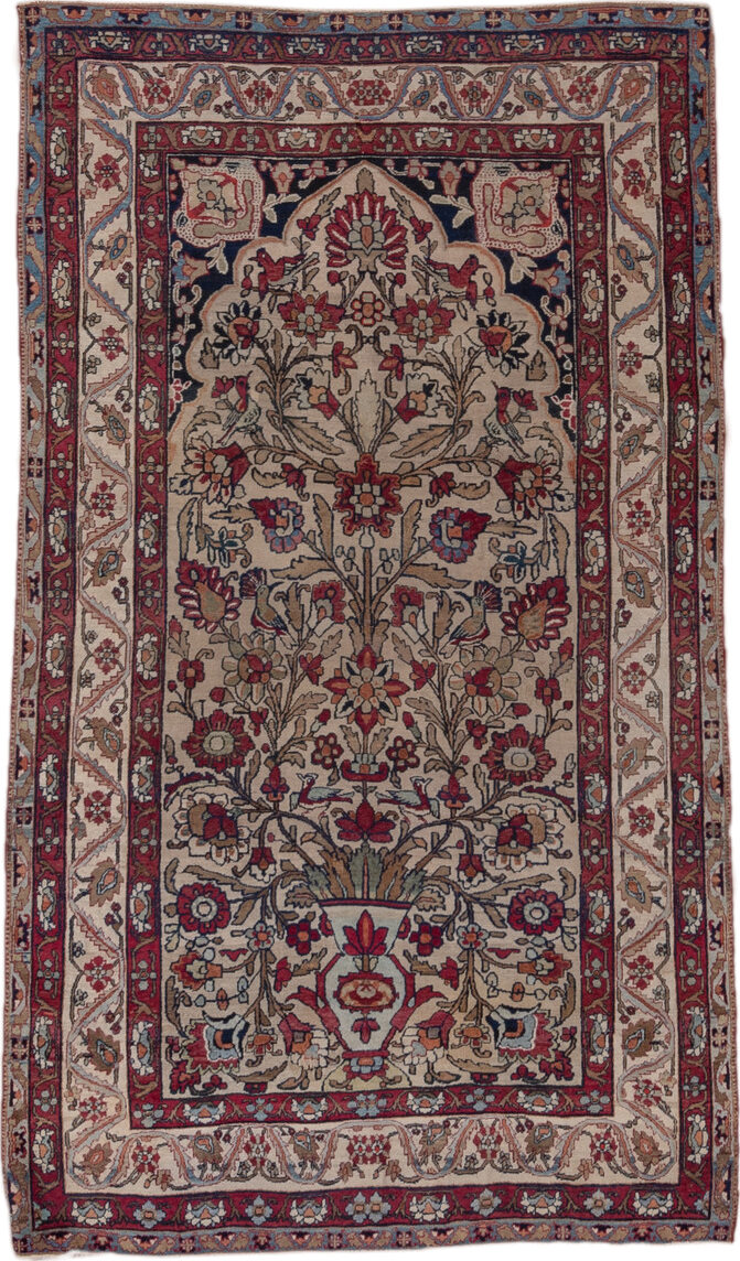 4' x 6' one-of-a-kind handmade antique Lavar small size rug. Color palette: ivory, brick red, navy, sky blue, camel, rose
