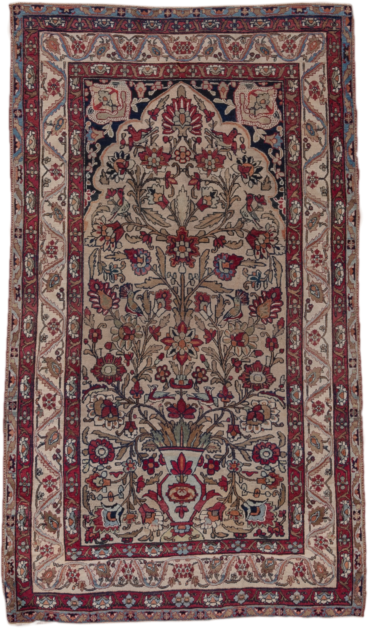 4' x 6' one-of-a-kind handmade antique Lavar small size rug. Color palette: ivory, brick red, navy, sky blue, camel, rose
