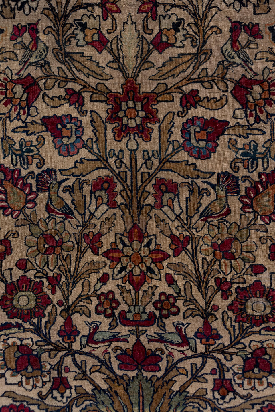 4' x 6' one-of-a-kind handmade antique Lavar small size rug. Color palette: ivory, brick red, navy, sky blue, camel, rose