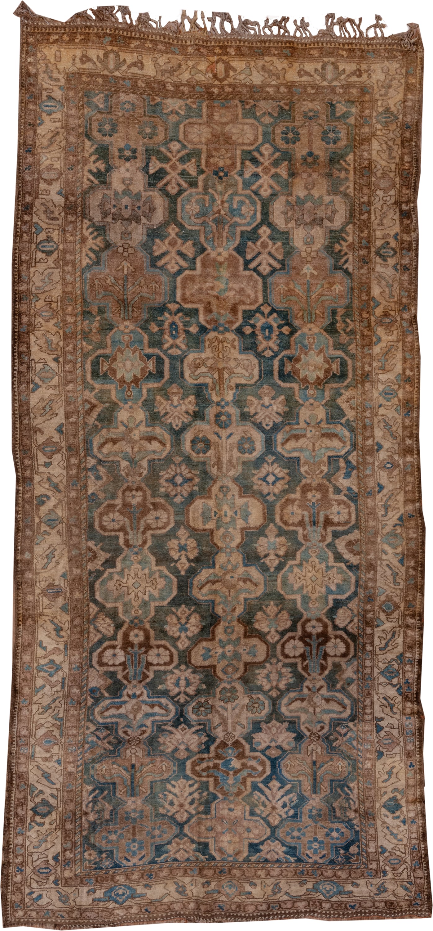 5' x 12' one-of-a-kind handmade antique Baktiary rug. Color palette: camel, taupe, teal, ivory, brown, slate, sky_blue
