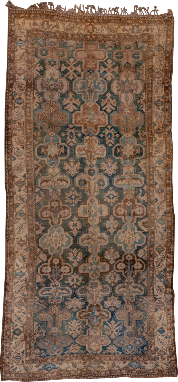 5' x 12' one-of-a-kind handmade vintage Baktiary rug. Color palette: black, blue, brown, charcoal, gray, light gray, pink