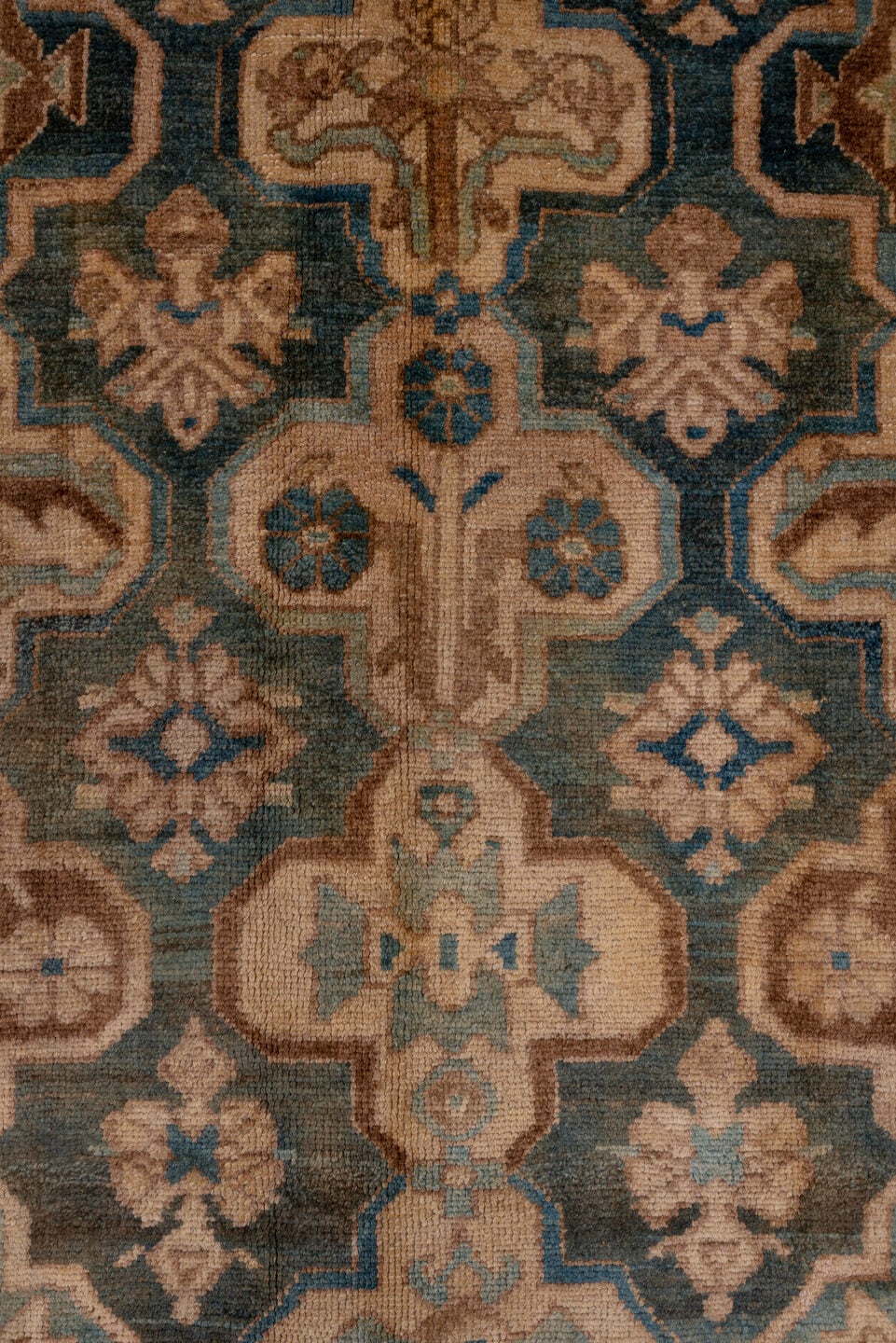 5' x 12' one-of-a-kind handmade antique Baktiary rug. Color palette: camel, taupe, teal, ivory, brown, slate, sky_blue