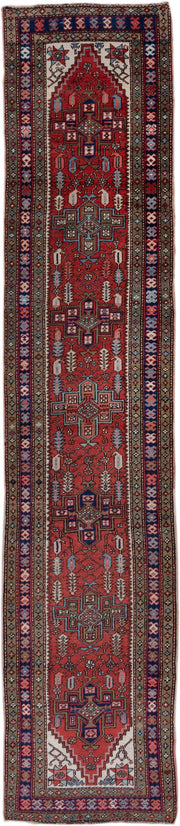 3' x 14' one-of-a-kind handmade antique Heriz runner rug. Color palette: rust, navy, ivory, taupe, slate, rose, charcoal