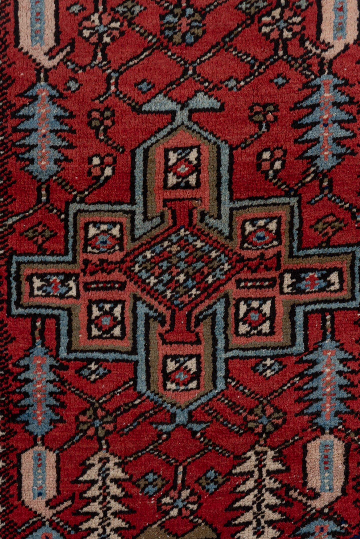 3' x 14' one-of-a-kind handmade antique Heriz runner rug. Color palette: rust, navy, ivory, taupe, slate, rose, charcoal