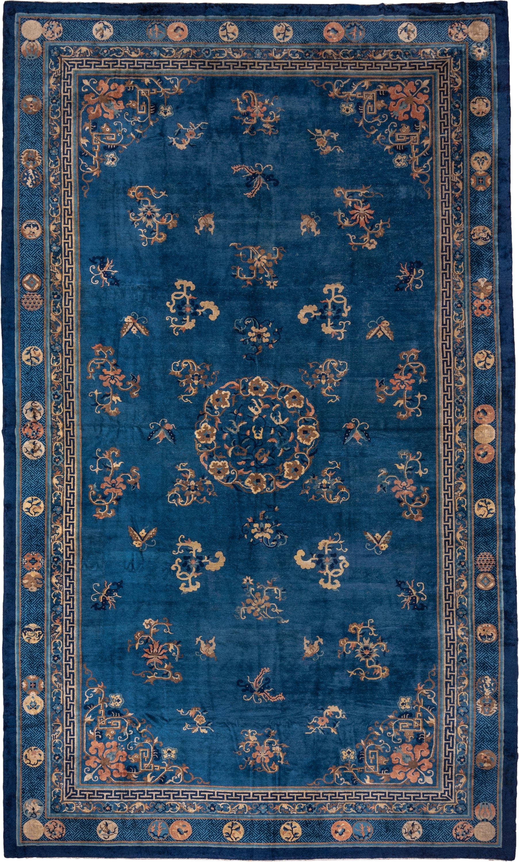 12' x 20' one-of-a-kind handmade antique Chinese oversize rug. Color palette: blue, ivory, camel, navy, taupe, peach, beige