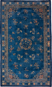 12' x 20' one-of-a-kind handmade antique Chinese oversize rug. Color palette: blue, ivory, camel, navy, taupe, peach, beige