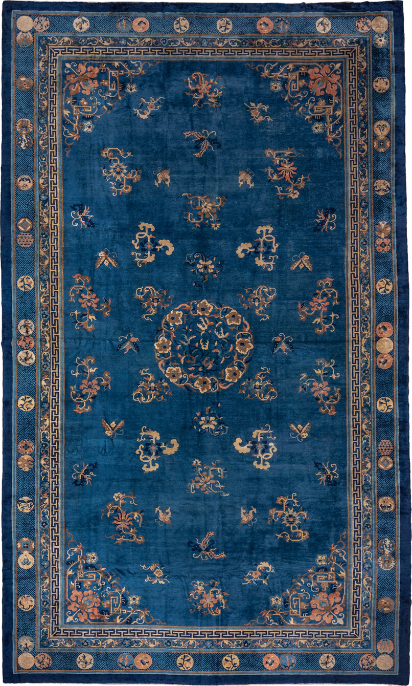 12' x 20' one-of-a-kind handmade antique Chinese oversize rug. Color palette: blue, ivory, camel, navy, taupe, peach, beige