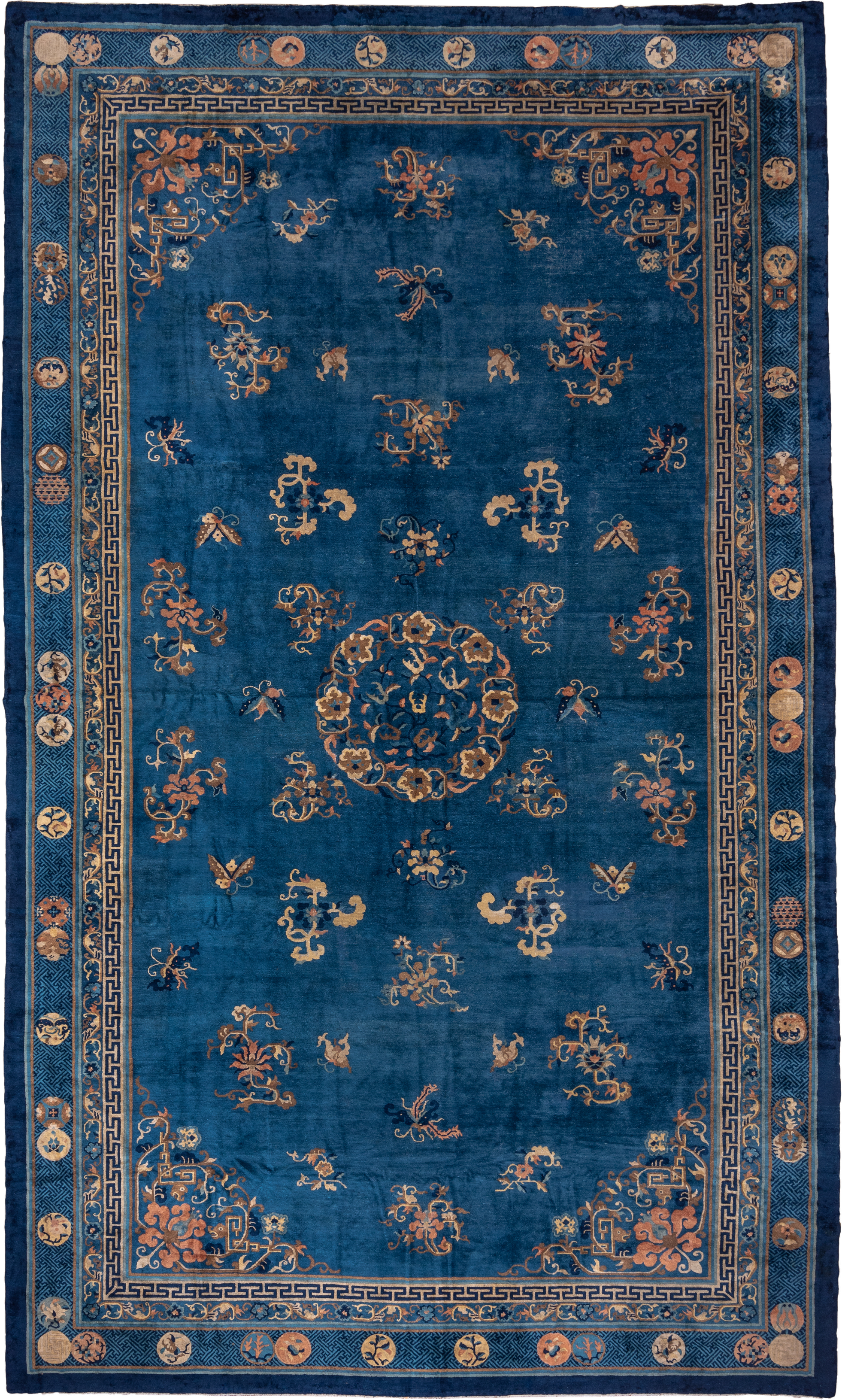 12' x 20' one-of-a-kind handmade antique Chinese oversize rug. Color palette: blue, ivory, camel, navy, taupe, peach, beige