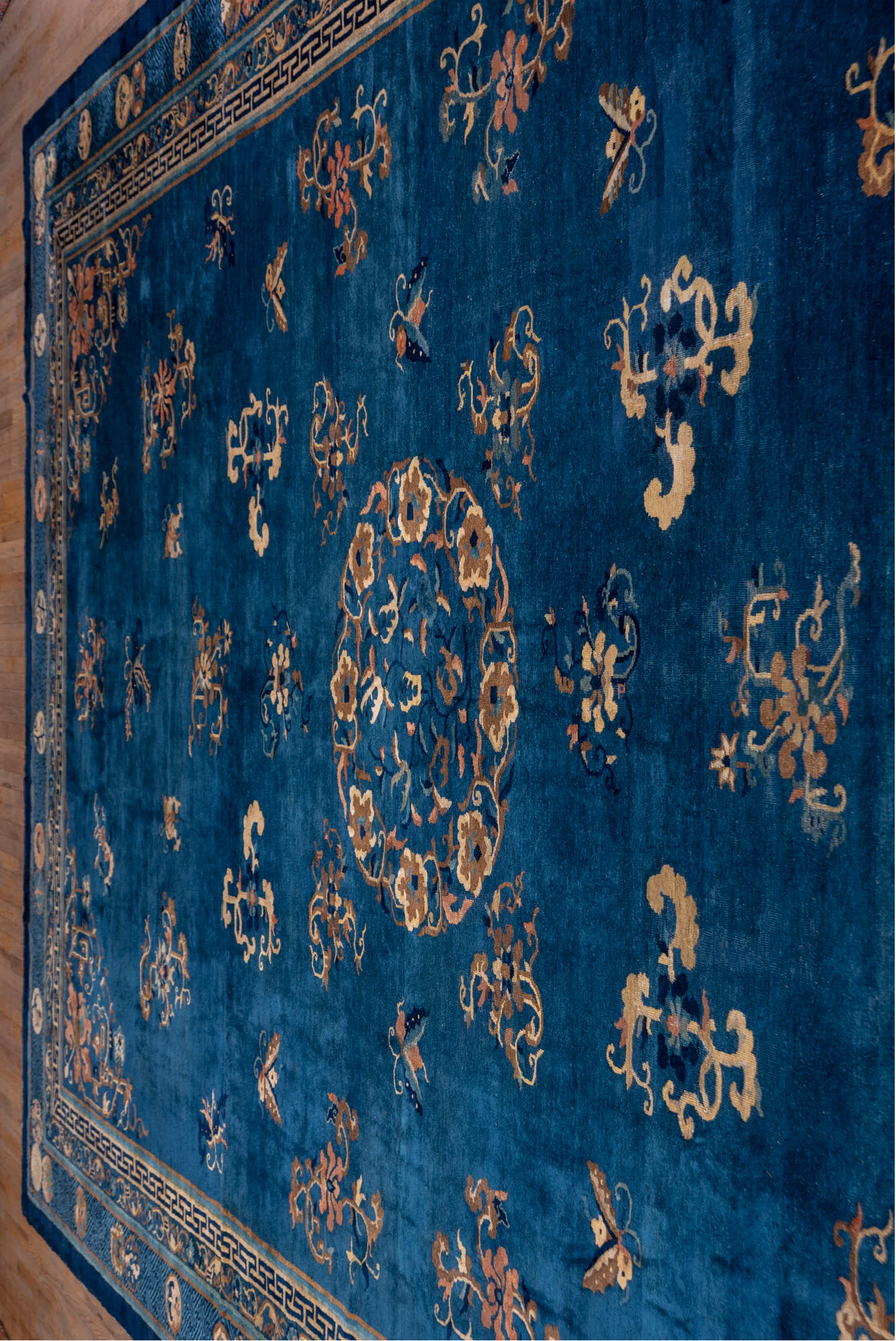 12' x 20' one-of-a-kind handmade antique Chinese oversize rug. Color palette: blue, ivory, camel, navy, taupe, peach, beige
