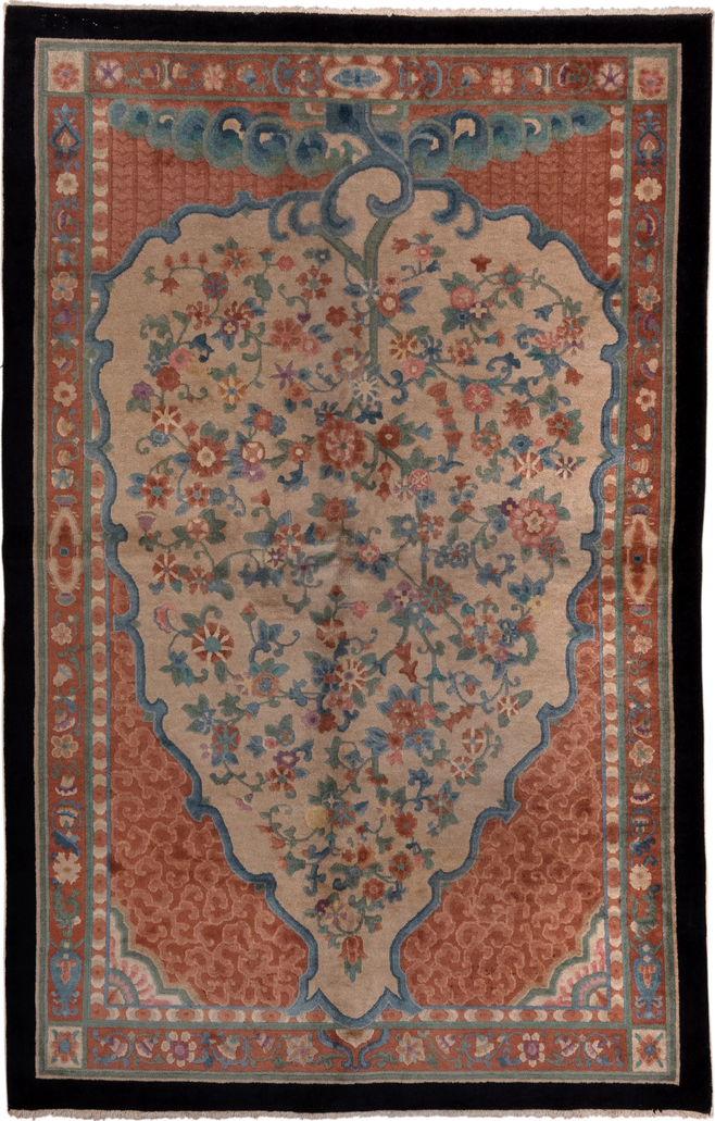 5' x 8' one-of-a-kind handmade antique Chinese medium size rug. Color palette: peach, ivory, blue, coral, teal, navy, rose