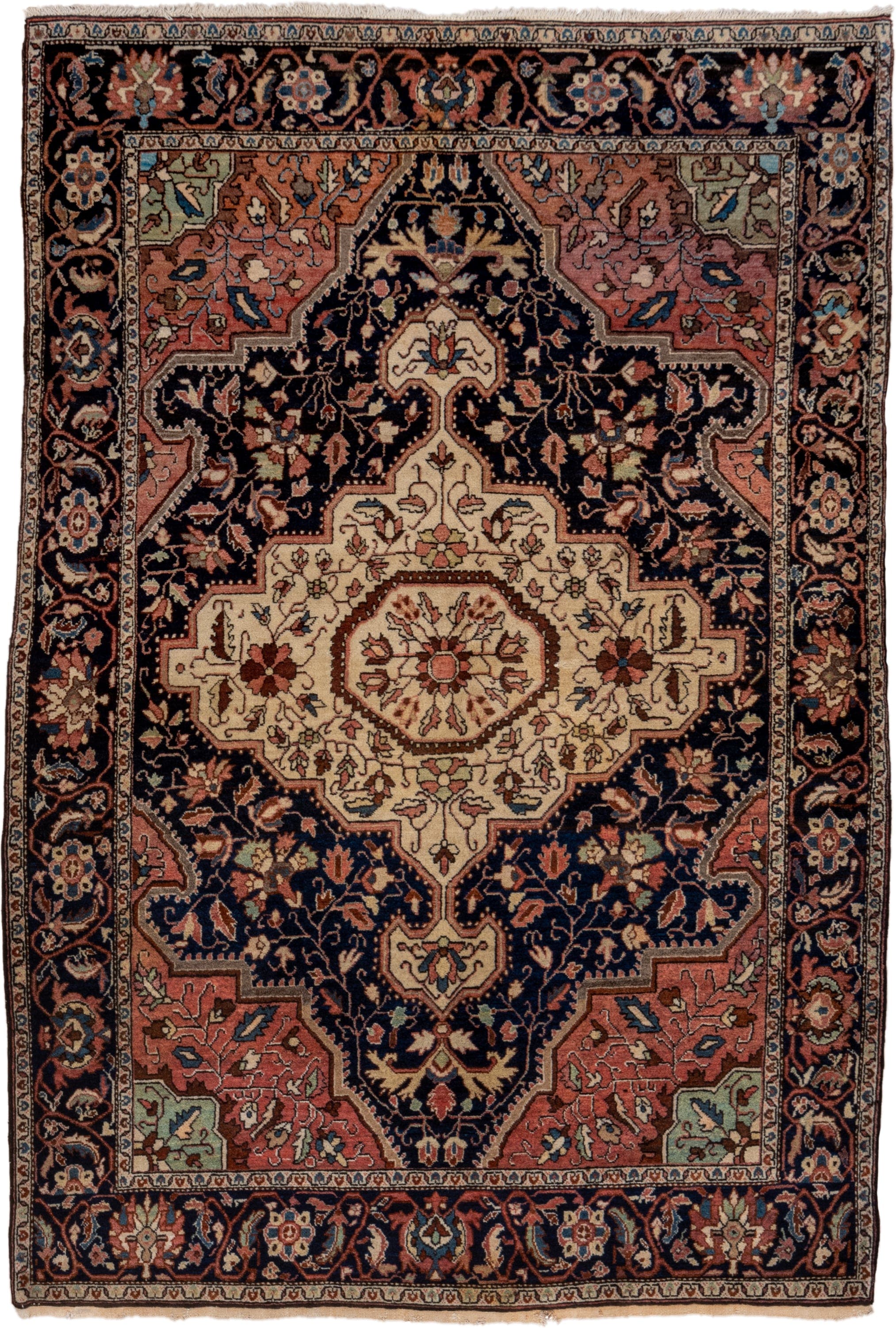4' x 6' one-of-a-kind handmade antique Malysarouk small size rug. Color palette: navy, ivory, rust, rose, sky_blue, camel
