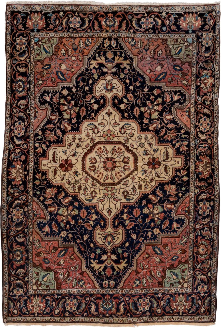 4' x 6' one-of-a-kind handmade antique Malysarouk small size rug. Color palette: navy, ivory, rust, rose, sky_blue, camel