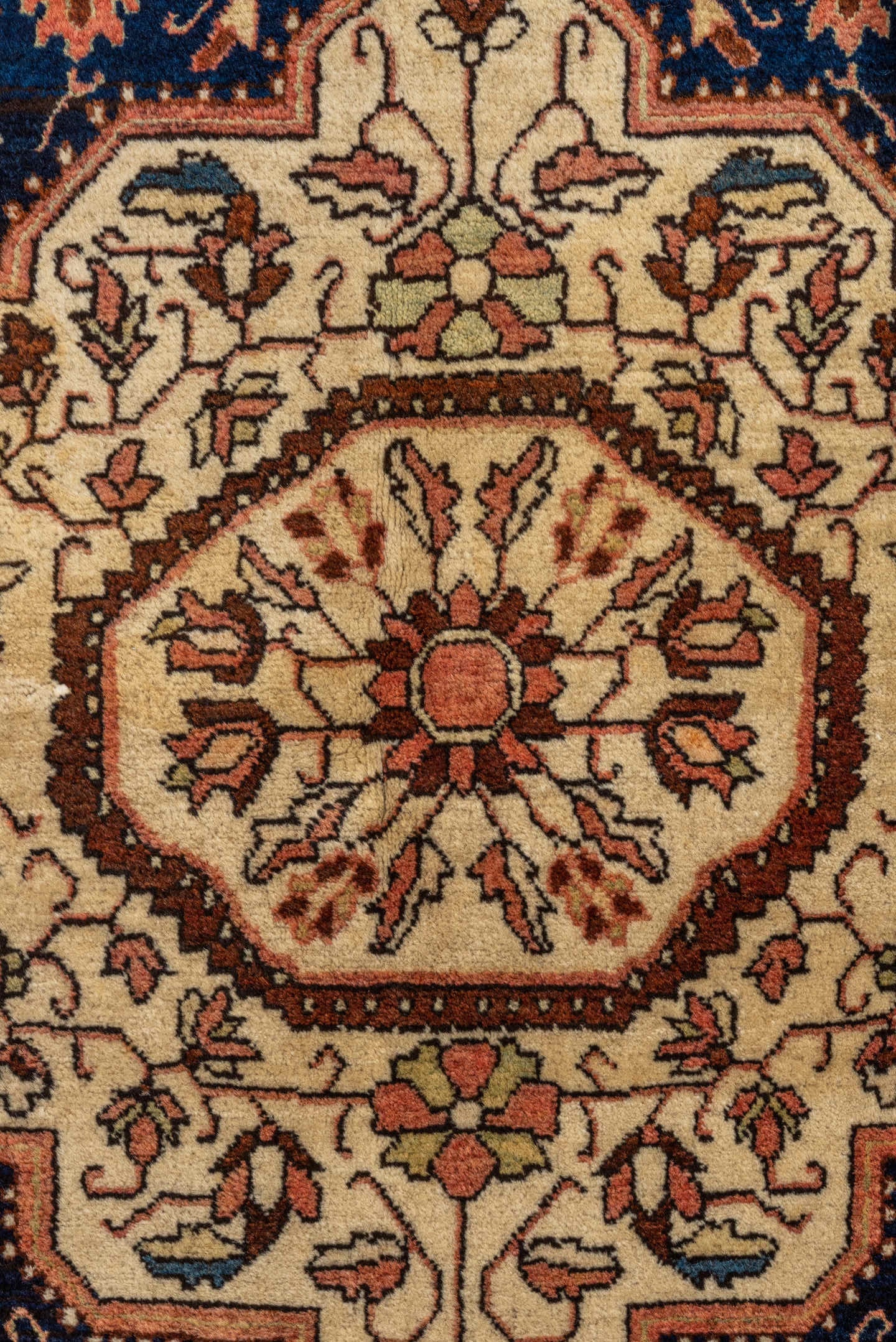 4' x 6' one-of-a-kind handmade antique Malysarouk small size rug. Color palette: navy, ivory, rust, rose, sky_blue, camel