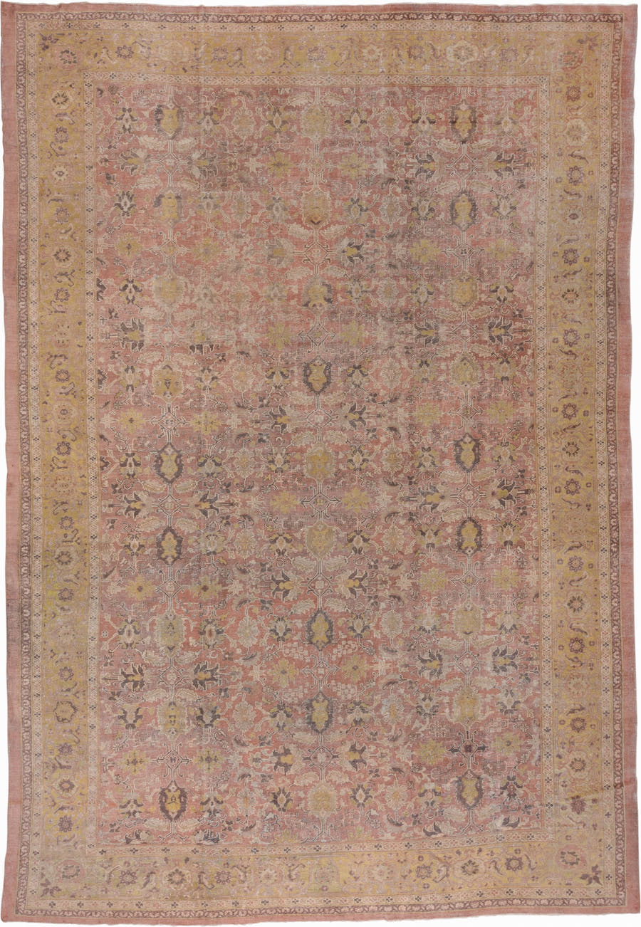 11' x 16' one-of-a-kind handmade antique Mahal oversize rug. Color palette: rose, gold, ivory, taupe, brown, sage