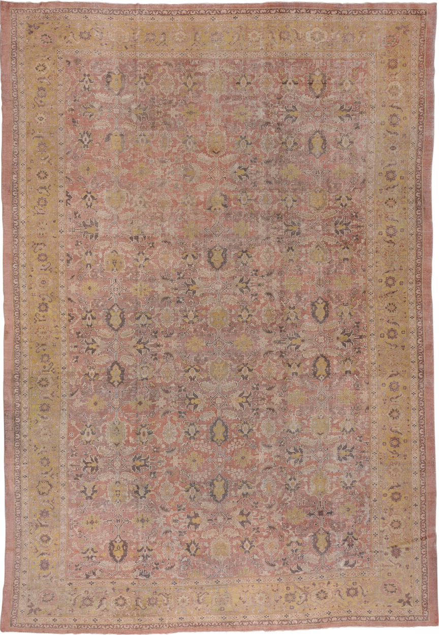 11' x 16' one-of-a-kind handmade antique Mahal oversize rug. Color palette: rose, gold, ivory, taupe, brown, sage