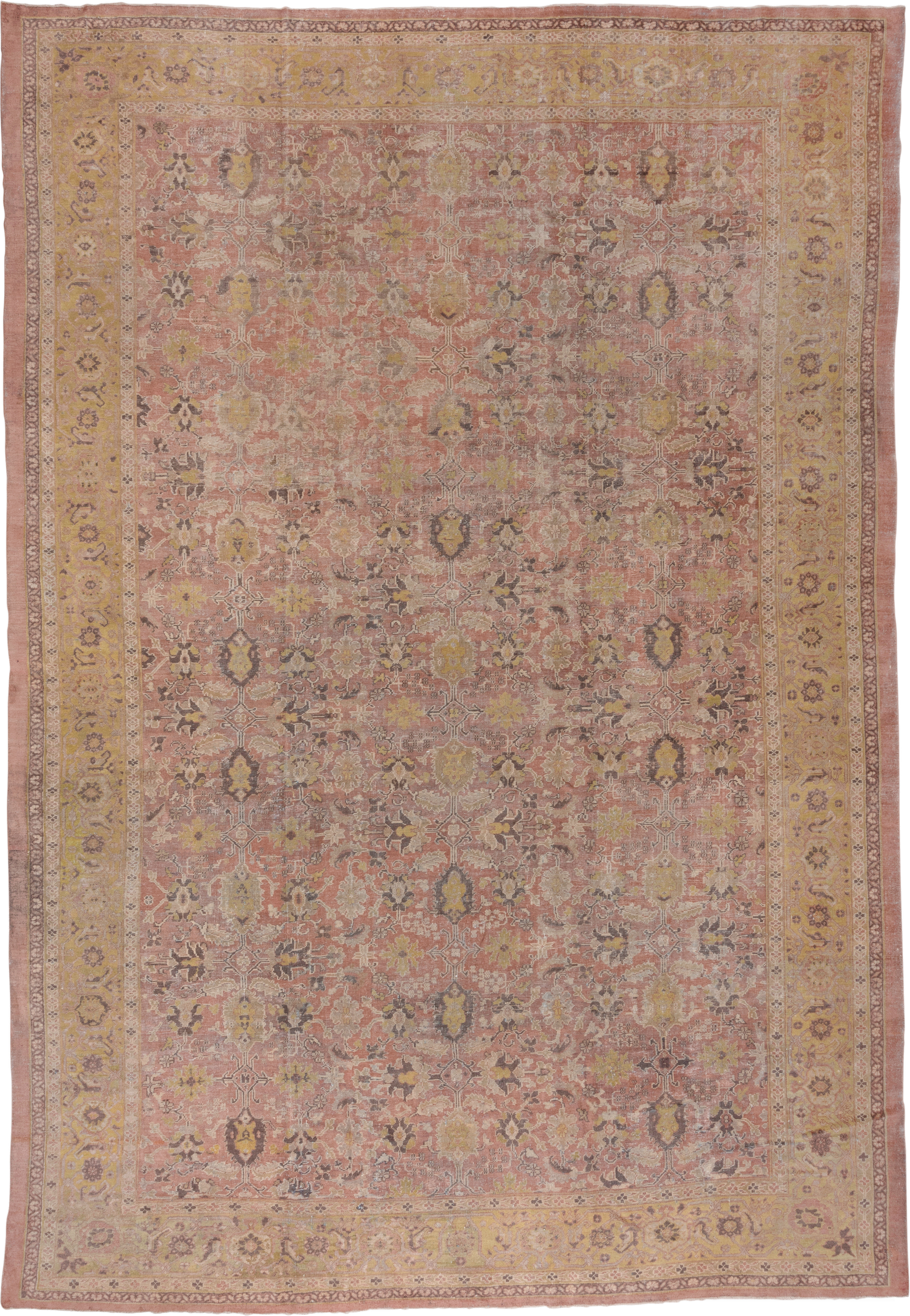 11' x 16' one-of-a-kind handmade antique Mahal oversize rug. Color palette: rose, gold, ivory, taupe, brown, sage