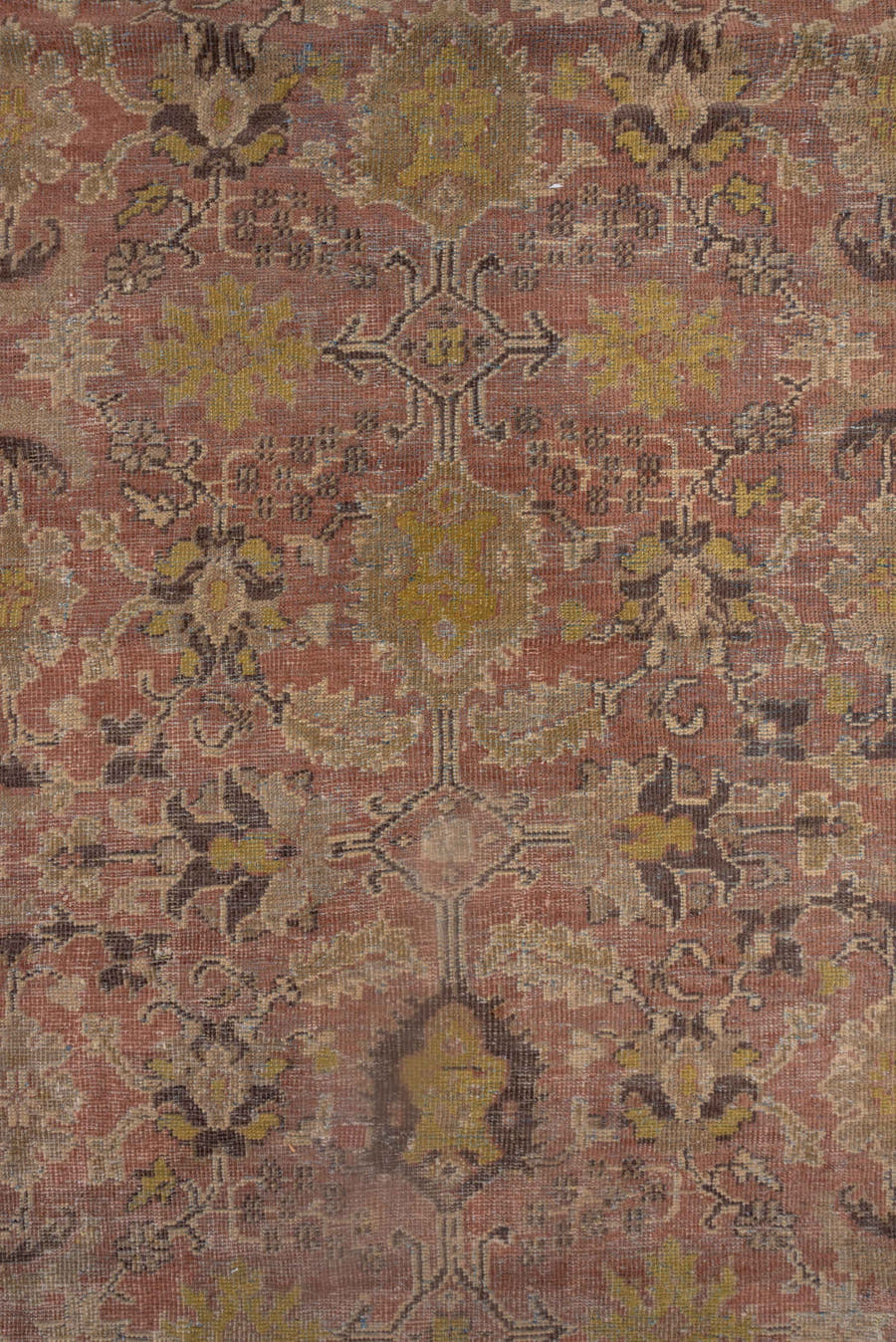 11' x 16' one-of-a-kind handmade antique Mahal oversize rug. Color palette: rose, gold, ivory, taupe, brown, sage