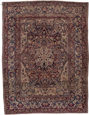 4' x 5' one-of-a-kind handmade antique Lavar small size rug. Color palette: ivory, burgundy, navy, taupe, rose, slate, camel
